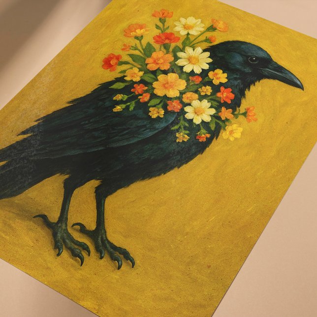 Crow Poster für Möbeldekor oder Wandkunst (Autumn themed crow with flowers poster for wall art or furniture decoupage.)