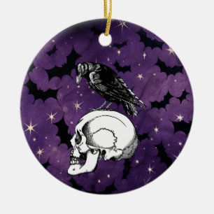 Crow Raven and Skull Halloween Lila Stars Bats Keramik Ornament