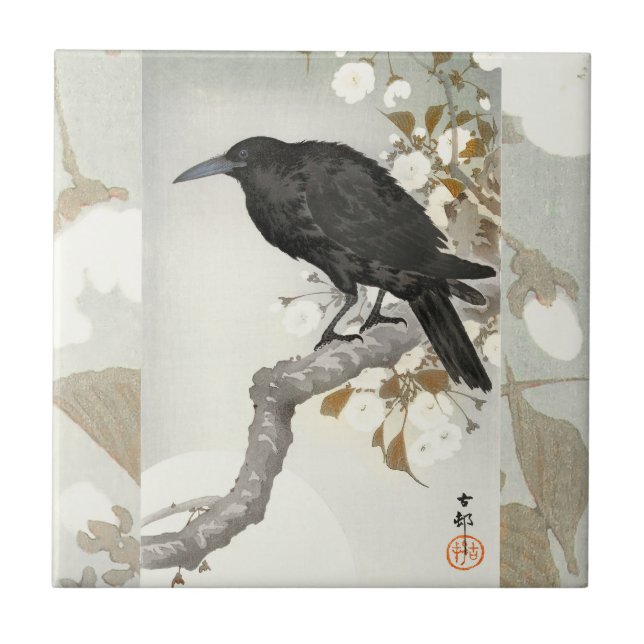 Crow Raven Koson Japanese Bird Fliese (Vorderseite)