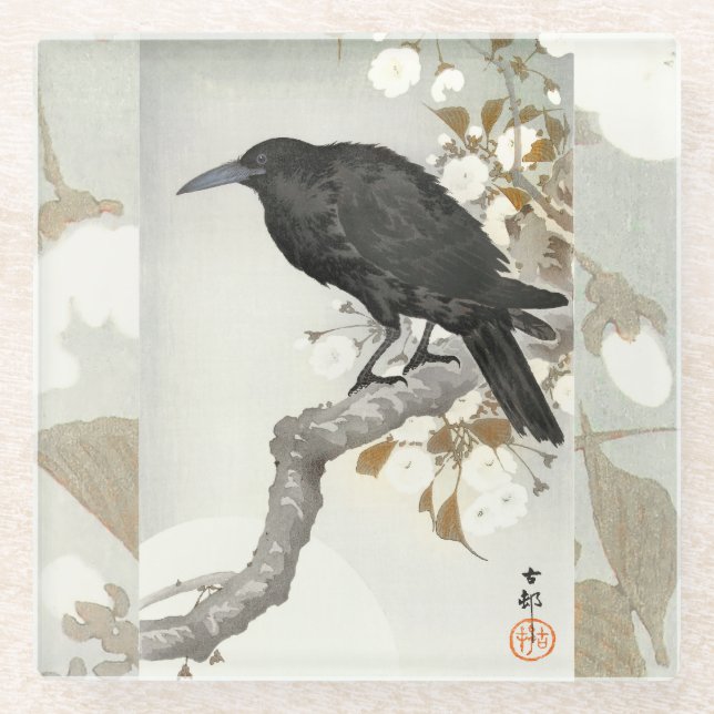 Crow Raven Koson Japanese Bird Glasuntersetzer (Vorderseite)