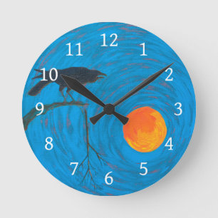 crow raven moon runde wanduhr