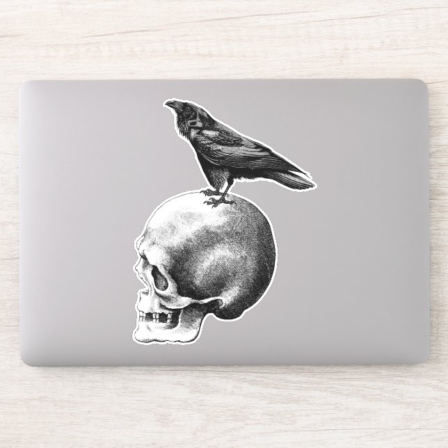 Crow sitzt auf menschlicher Skull-Goth-Kunst Aufkleber (Computer)