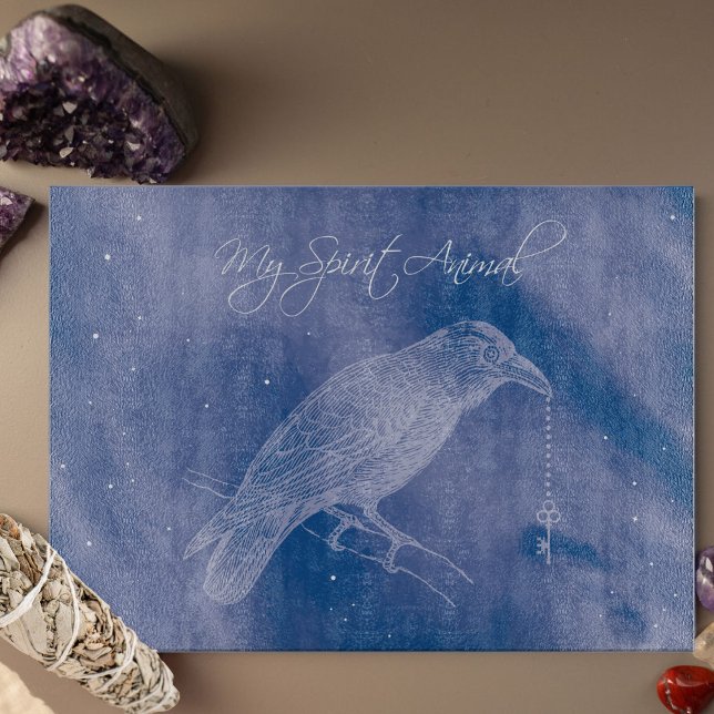 Crow Spirit Animal Cutting Board - Altar Dekoratio Schneidebrett (Crow Spirit Animal glass cutting board set against a blue cosmos and holding a skeleton key.)