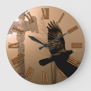 Crow & Totem Pole, eine amerikanische Art Clock Große Wanduhr