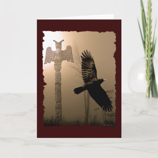 CROW & TOTEM POLE Native American Theme Card Dankeskarte (Vorderseite)
