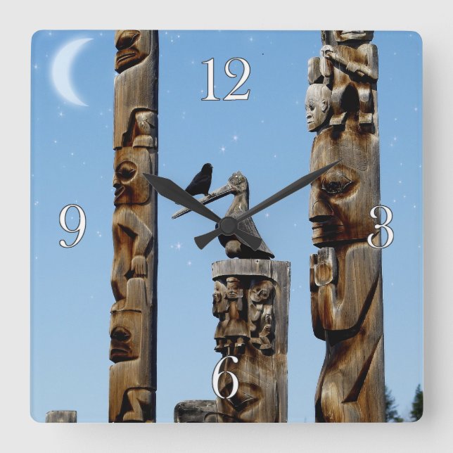 Crow & Totem Poles, die amerikanische Kunstuhr Quadratische Wanduhr (Vorderseite)