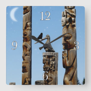 Crow & Totem Poles, die amerikanische Kunstuhr Quadratische Wanduhr
