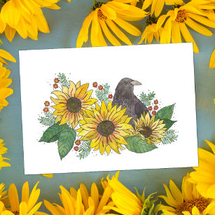 Crow und Sonnenblumen Wasserfarbe Karte