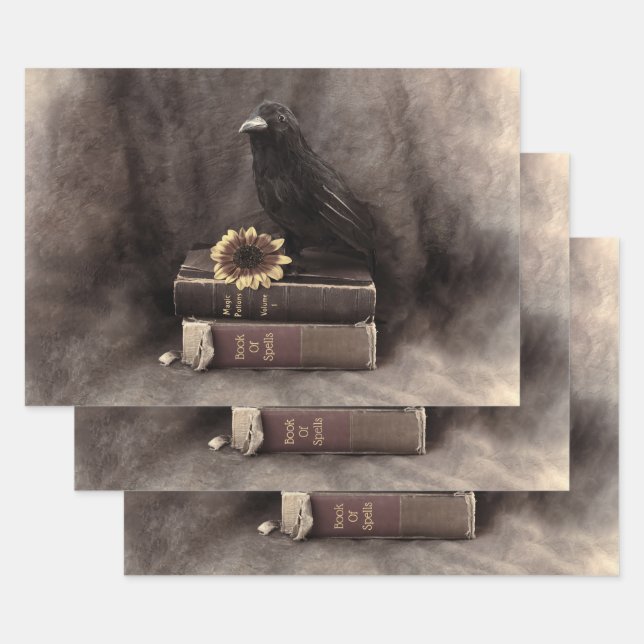 Crow Vintag Gothic Old Books Sonnenblume Geschenkpapier Set (Set)