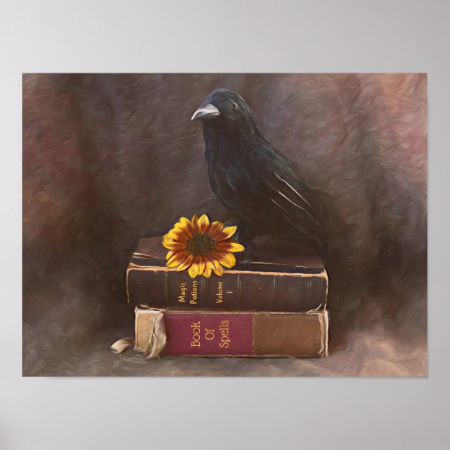 Crow Vintag gotische Alte Bücher Sonnenblumen Kuns Poster (Vorne)
