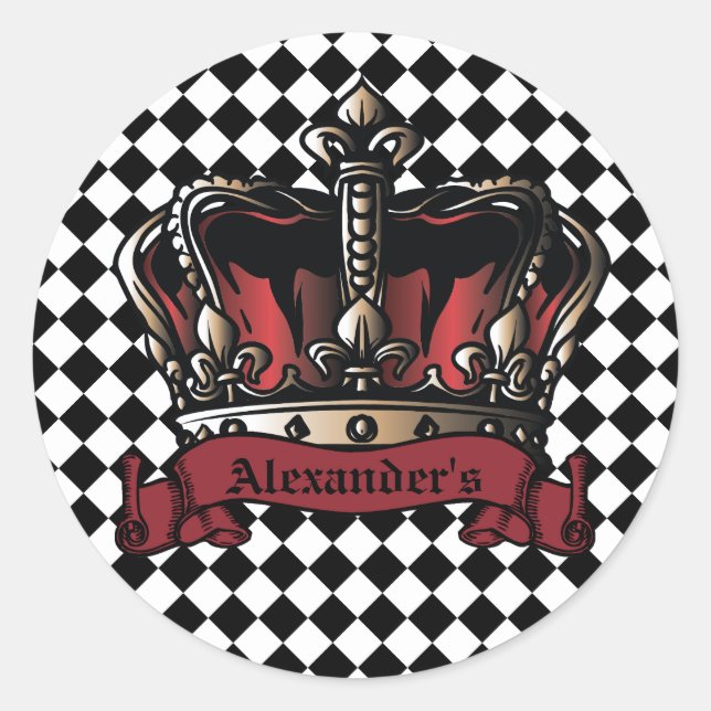 Crown Barber Logo Checked Background Personalize Runder Aufkleber (Vorderseite)