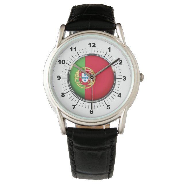 Crown Black Leather Watch - Männerflagge in Portug Armbanduhr (Vorderseite)