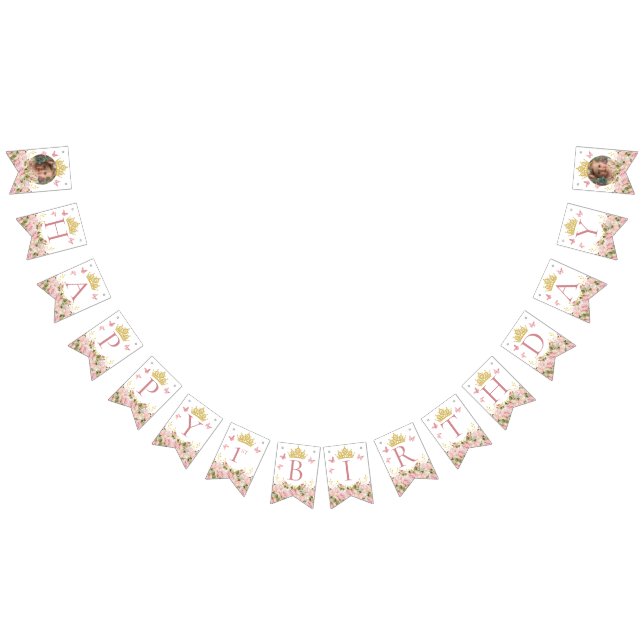 Crown Butterfells Pink Floral Foto Happy Birthday Wimpelkette (Alle)