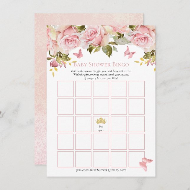 Crown | Butterfisch Floral Baby Shower Bingo Card Einladung (Vorne/Hinten)