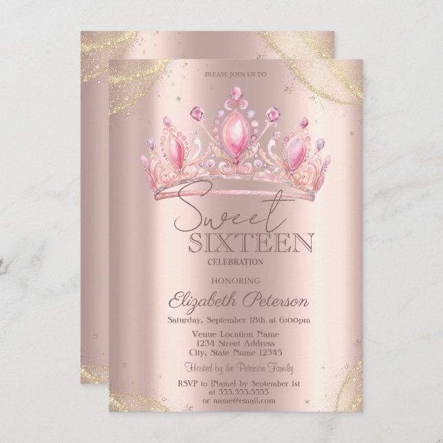  Crown Gold Glitter Corners Rose Gold Sweet 16   Einladung (Vorne/Hinten)
