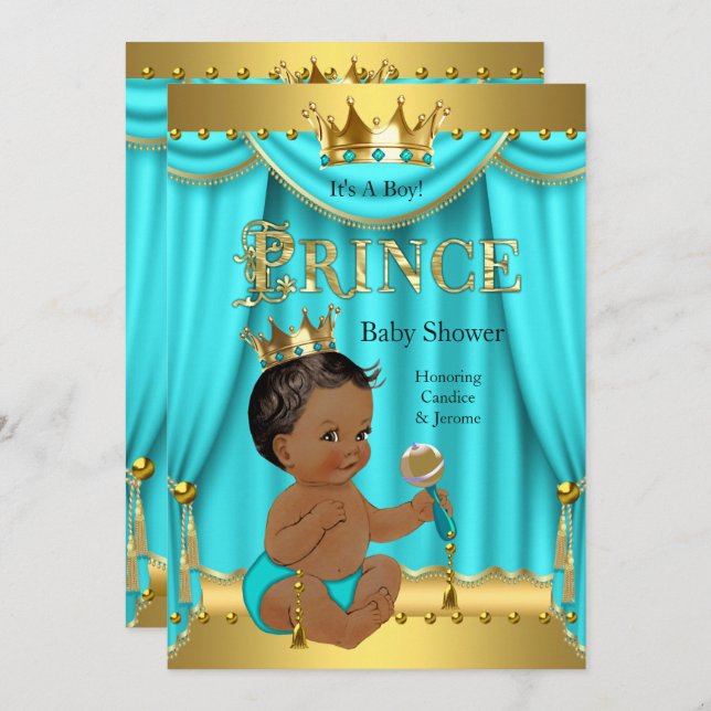 Crown Prince Baby Dusche Gold Aqua Aquamarin ethni Einladung (Vorne/Hinten)