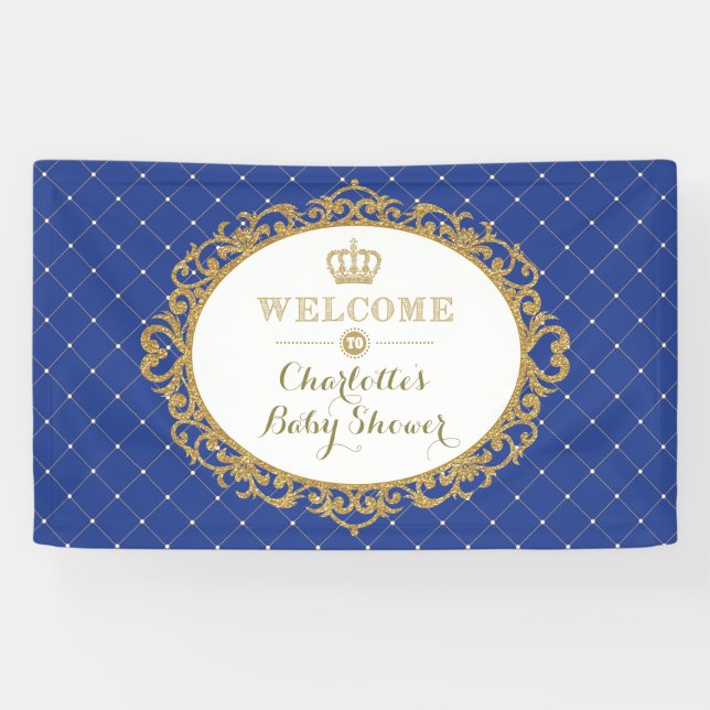 Crown Prince Royal Blue Gold Baby Dusche Willkomme Banner (Horizontal)