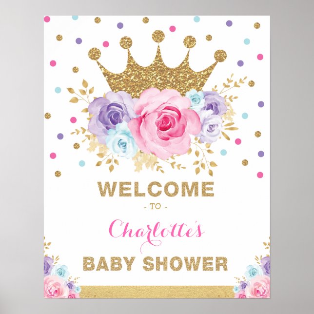 Crown Princess Blush Bloral Baby Dusche Begrüßung  Poster (Vorne)