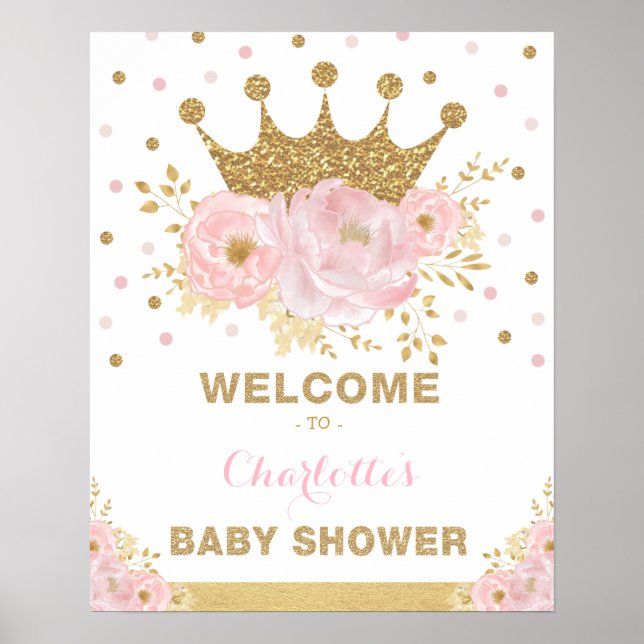 Crown Princess Blush Bloral Baby Dusche Willkommen Poster (Vorne)