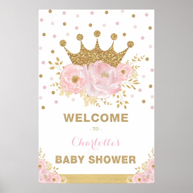 Crown Princess Pink Blume Kinderdusche Willkommen Poster (Vorne)