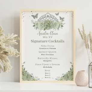 Crown Sage Green Floral Quinceanera Bar Drink Menü Poster