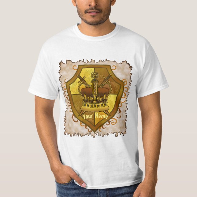 Crown-Schwert-Schild Nachname T-Shirt (Vorderseite)