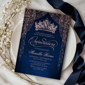 Crown Tiara Navy Rose Gold Quinceañera Einladung
