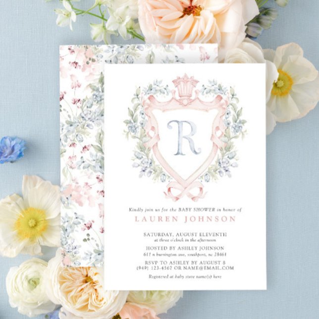 Crown Wappen Monogram Pink Blue Baby Dusche Einladung (Baby Shower Invitation!)