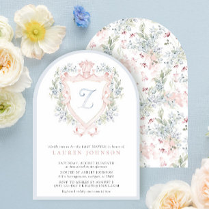 Crown Wappen Monogram Pink Blue Baby Dusche Einladung