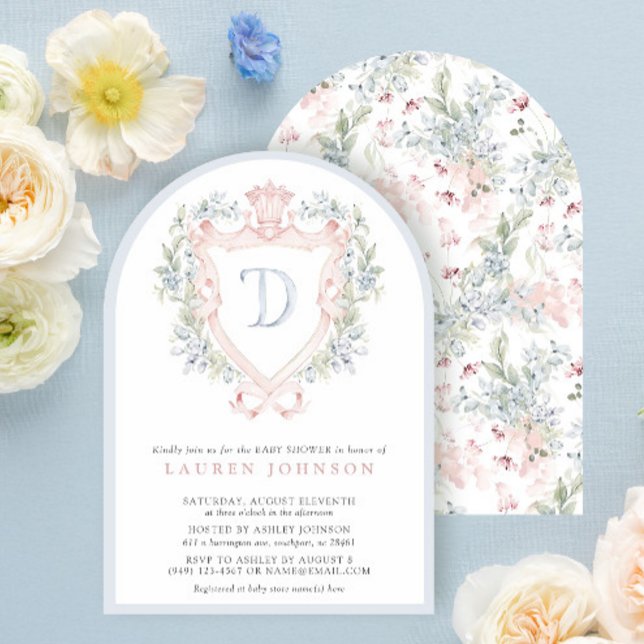 Crown Wappen Monogram Pink Blue Baby Dusche Einladung (Von Creator hochgeladen)