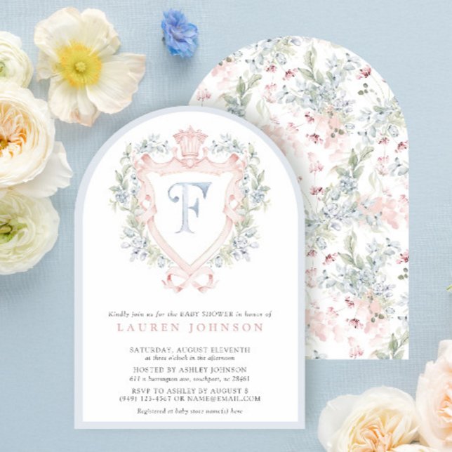 Crown Wappen Monogram Pink Blue Baby Dusche Einladung (Von Creator hochgeladen)