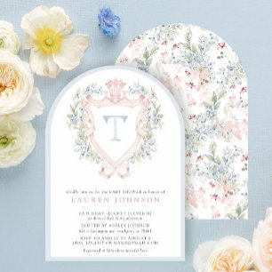 Crown Wappen Monogram Pink Blue Baby Dusche Einladung