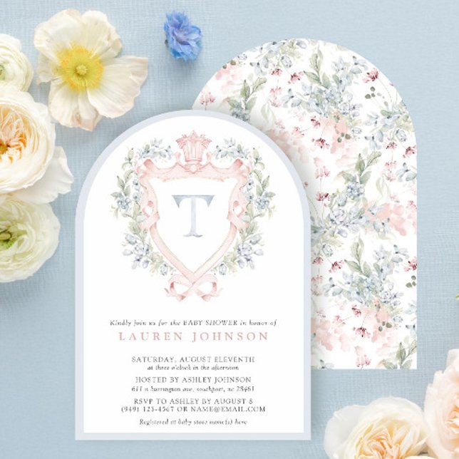 Crown Wappen Monogram Pink Blue Baby Dusche Einladung (Von Creator hochgeladen)