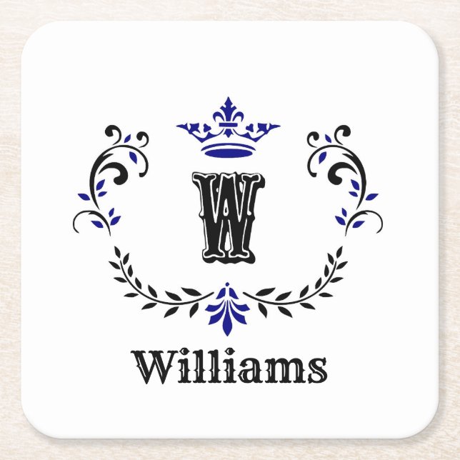 Crown Wreath Monogram "W" Personalisiert Rechteckiger Pappuntersetzer (Vorderseite)