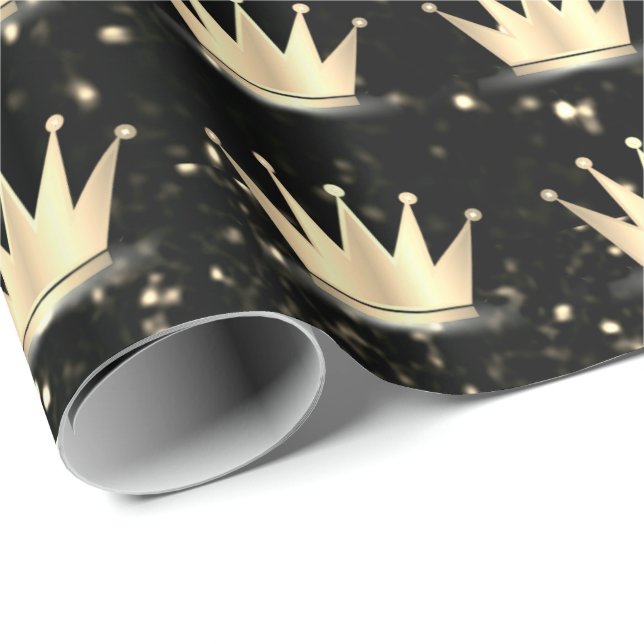 Crowns Glitzer Black Funkelnd Gold Champaigne Geschenkpapier (Rolleneckpunkt)