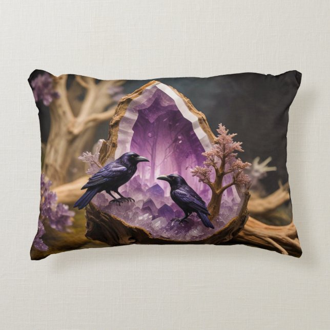Crows Ravens Amethyst Crystal Fantasy Dekokissen (Vorderseite)