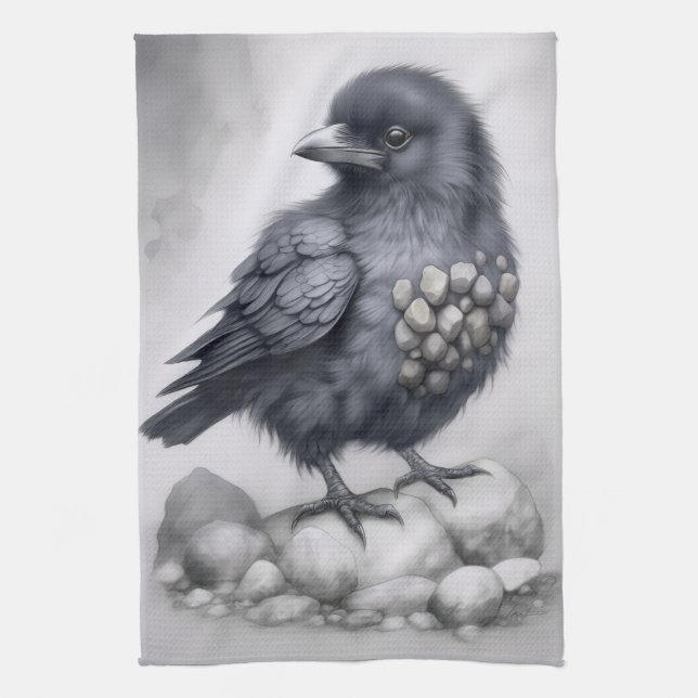 Crows Rock! Niedliche Krähe Rabe auf Steinen  Geschirrtuch (Vertikal)
