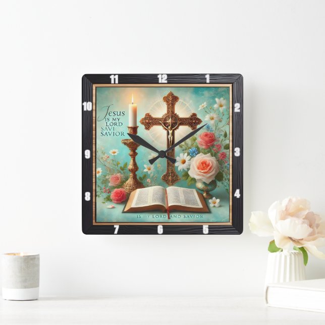Crucifix Candlelight Bibel Blumenmuster Quadratische Wanduhr (Zuhause)