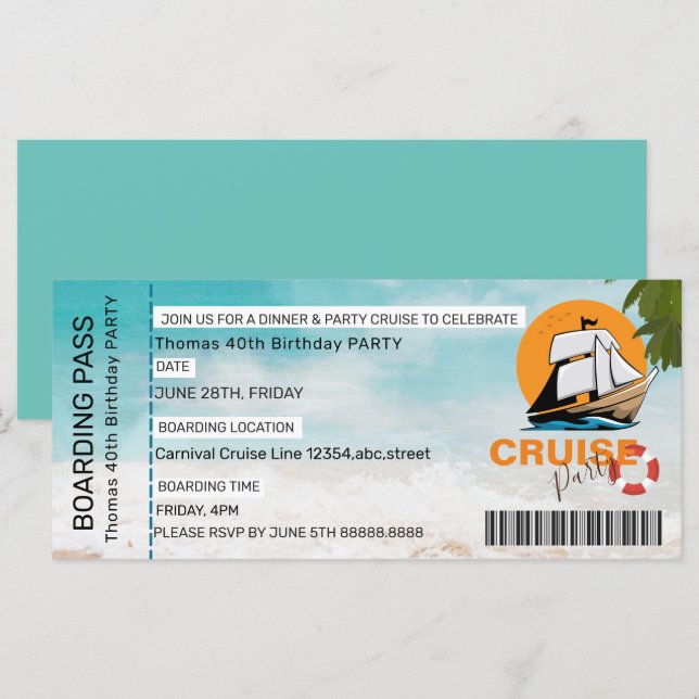 Cruise Party 40 Geburtstagsparty BOARDING PASS (Vorne/Hinten)