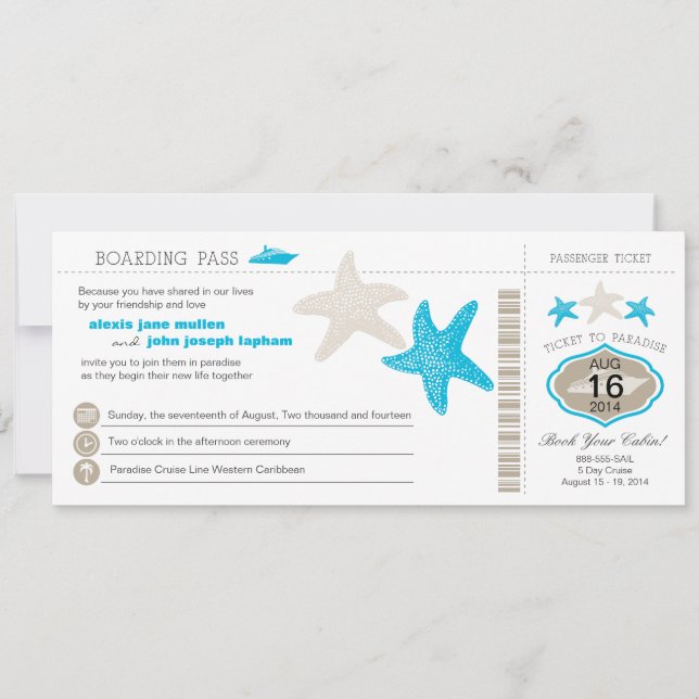 Cruise Ship Starfish Boarding Pass Wedding Einladung (Vorderseite)