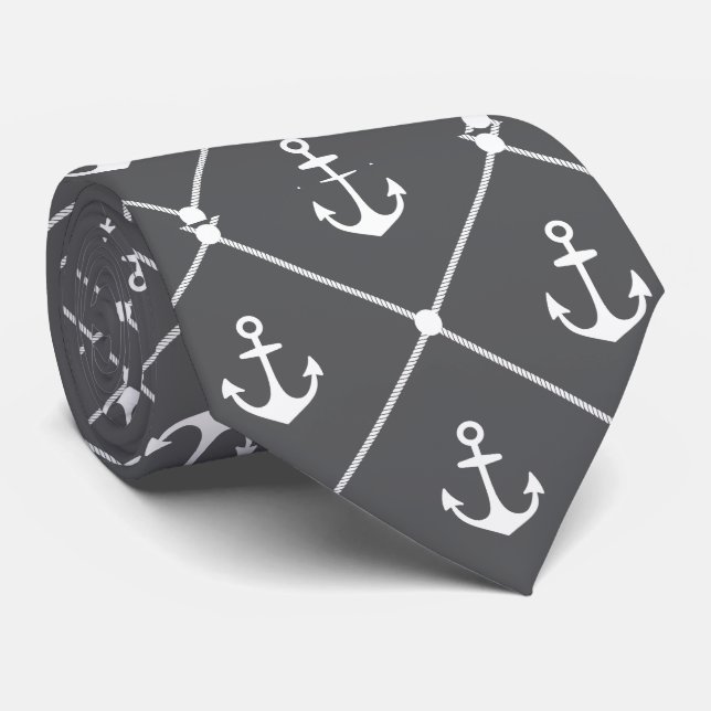 Cruise Wedding Nautical Anchor Muster Grau Krawatte (Gerollt)