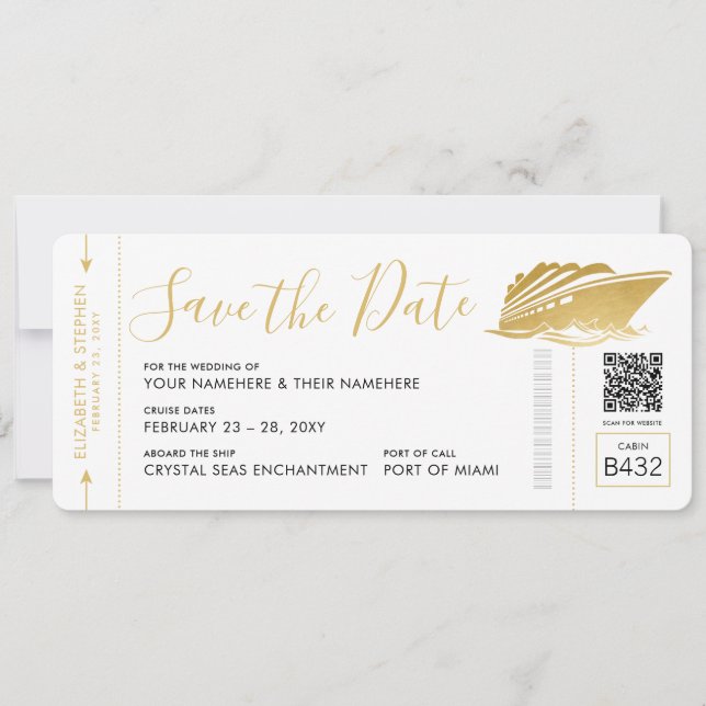 Cruise Wedding Ticket Boarding Pass Gold Save The Date (Vorderseite)