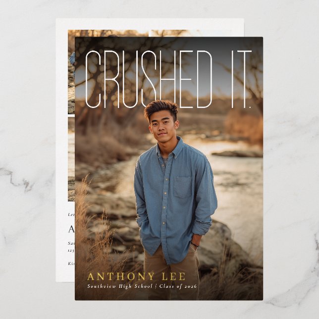 Crushed It PhotoPop Graduation Party Folieneinladung (Vorderseite/Rückseite)