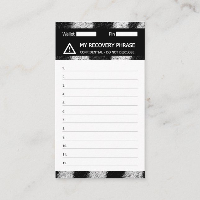 Crypto Wallet Zebra Erholung Seed Phrase 12 Visitenkarte (Vorderseite)
