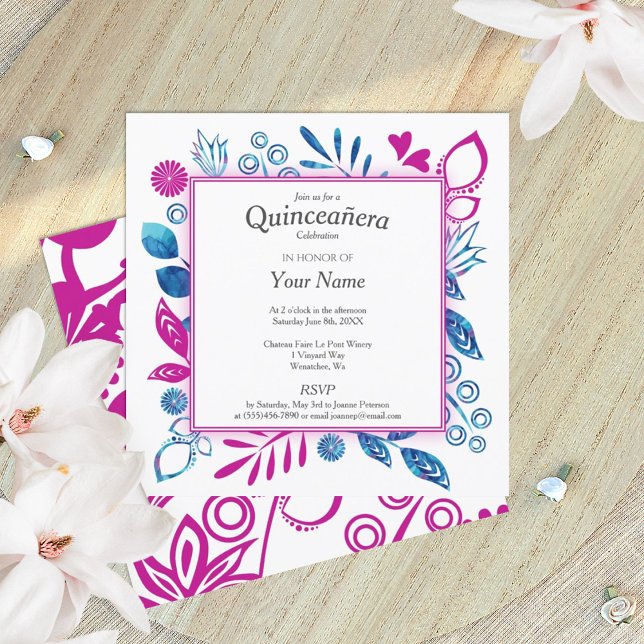 Crystal Blue und Hot Pink Quinceñera Einladung (royal blue, magenta berry pink floral quinceanera invitation)