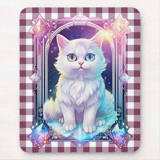 Crystal Cat Lila Black Kariert Niedlich White Kitt Mousepad (Vorne)
