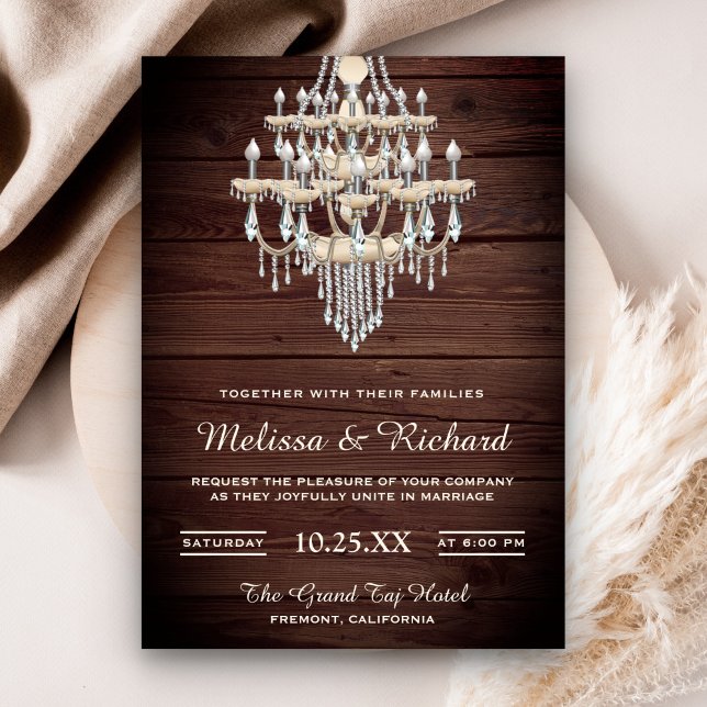 Crystal Chandelier Rustic Wood Wedding Einladung (Von Creator hochgeladen)