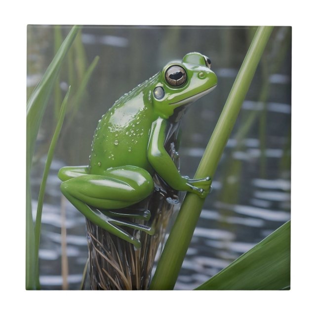 "Crystal Clarity: Green Glass Frog on River Reeds" Fliese (Vorderseite)