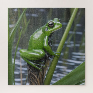 "Crystal Clarity: Green Glass Frog on River Reeds" Puzzle