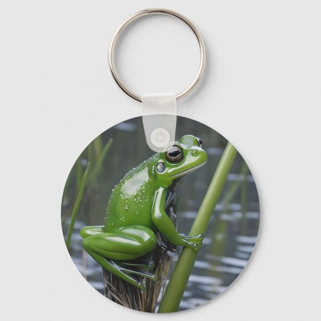 "Crystal Clarity: Green Glass Frog on River Reeds" Schlüsselanhänger (Vorderseite)